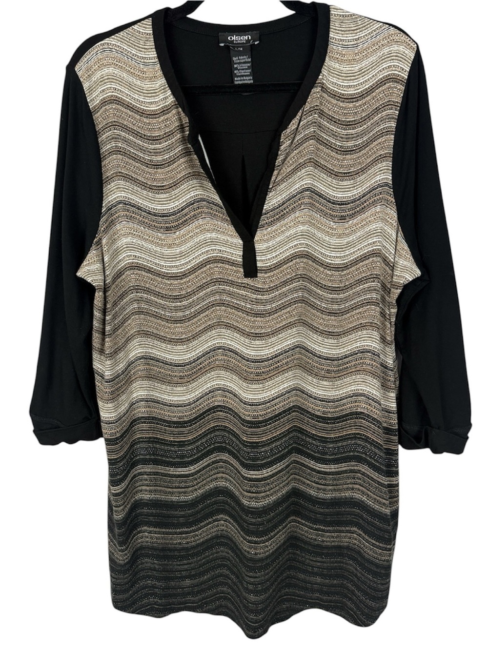 Olsen Europe Black Wavy Chevron Metallic Knit V-Neck Tunic Blouse L / 14